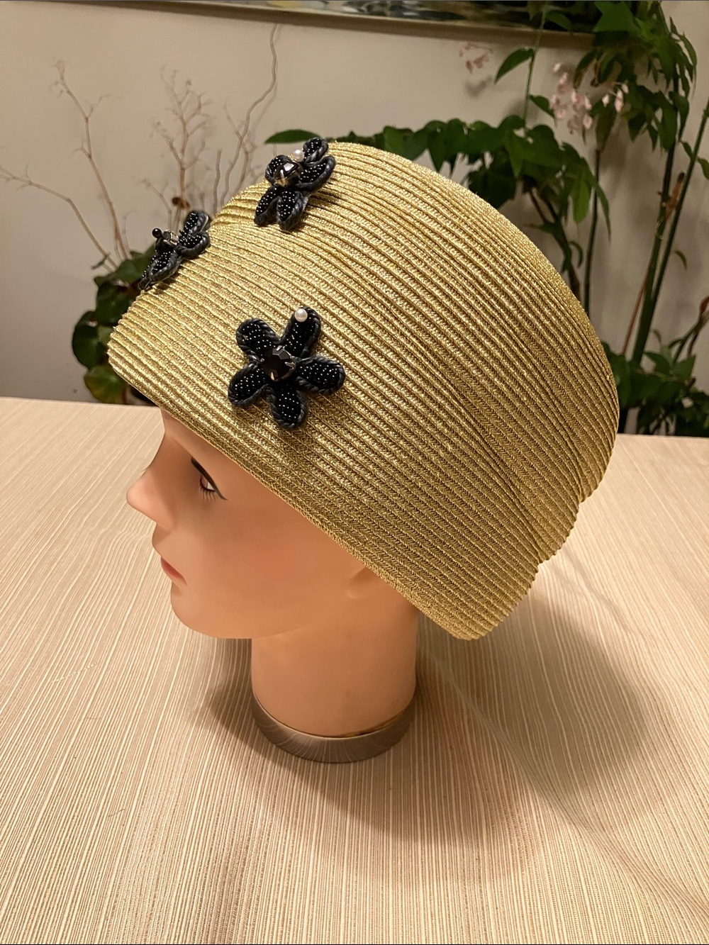 Chic Metallic Straw Cloche Hat with Black Beaded Flower Accents - Picture 4 of 5